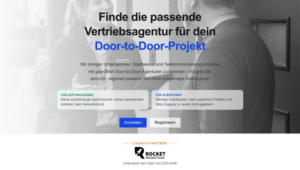 Startseite der Plattform D2D-Hub: Finde die passende Vertriebsagentur für dein Door-to-Door-Projekt
