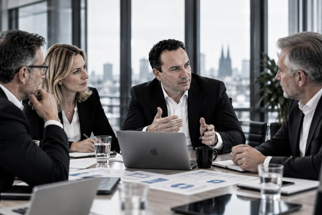 Hans J. Friedrich diskutiert mit drei weiteren Experten am Besprechungstisch