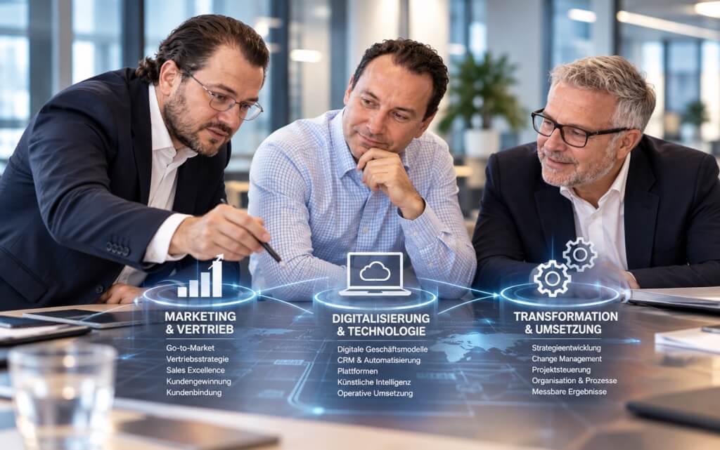 Die drei Kompetenzfelder von Go2Market Experts: Marketing & Vertrieb, Digitalisierung & Technologie sowie Transformation & Umsetzung