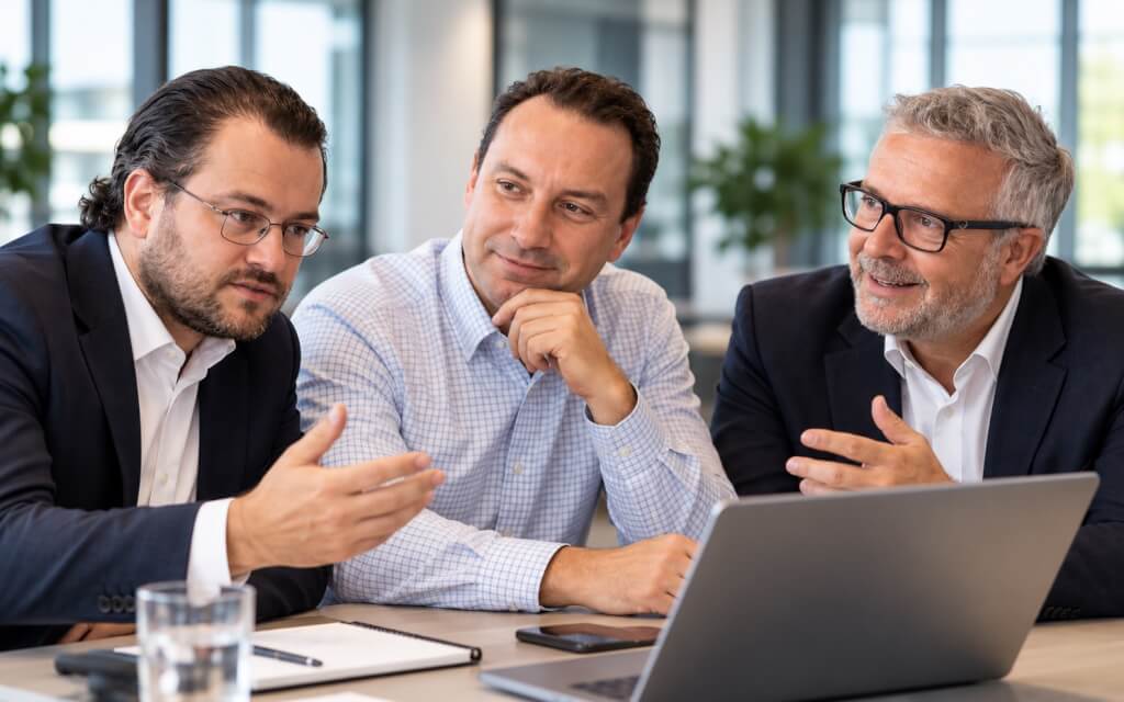 Das Team von Go2Market Experts im Gespräch am Besprechungstisch