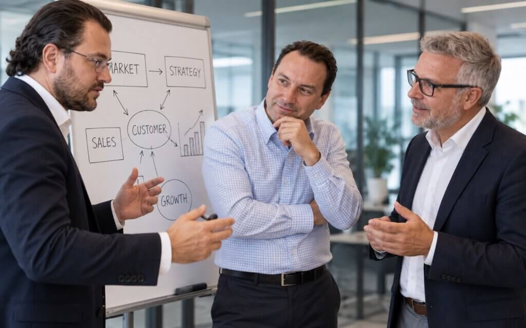 Das Team von Go2Market Experts diskutiert am Flipchart über Markt, Strategie, Kunde, Vertrieb und Wachstum