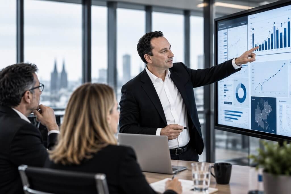 Hans J. Friedrich erläutert ein KPI-Dashboard mit Vertriebsdaten vor seinem Team