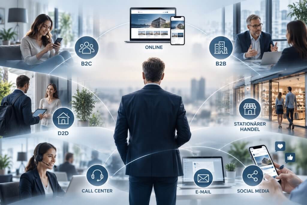 Omnichannel-Vertrieb: B2C, Online, B2B, D2D, stationärer Handel, Call Center, E-Mail und Social Media als vernetzte Kanäle